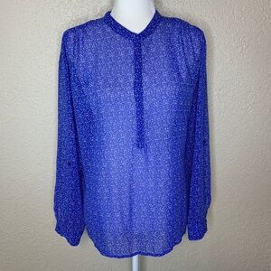 ana Blue White Print Sheer Long Sleeve Top Women's Size L Casu…